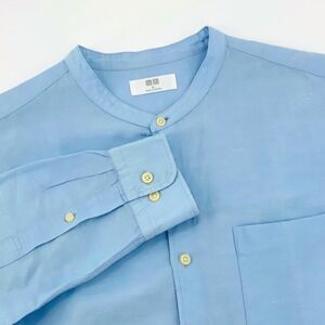 Uniqlo Shirt Mens XL Light Blue Linen Cotton Blend Band Collar Long Sleeve
